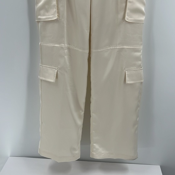 Love Tree Cream Ivory Satin Cargo Pants High Waist Relaxed Fit Pockets Silky Sm - Picture 5 of 11